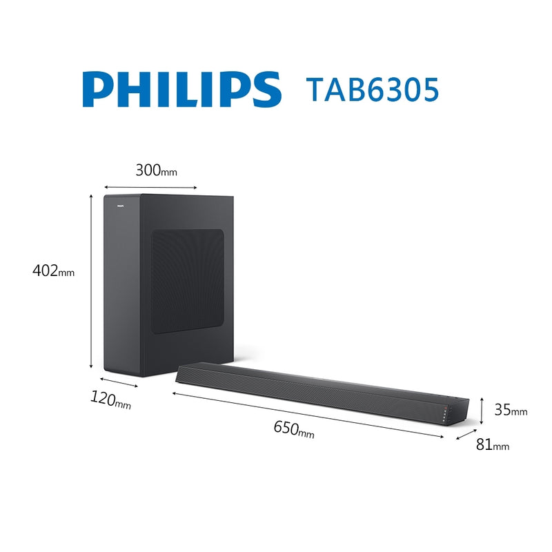 家中電視的支架偏短嗎？這款 PHILIPS 飛利浦 TAB6305/98 Soundbar 機身極致纖薄，能夠放置於大部分電視下方，更配備無線重低音喇叭。您自此可以透過澎湃音效醉心欣賞喜愛的節目、電影和音樂。這款 Soundbar 高度只有 35 毫米，可完美配合支架較短的電視。整合式掛牆支架讓您在放置 Soundbar 時有更多選擇。強勁的重低音喇叭配以輕巧外形設計，能夠輕易融入家居環境。