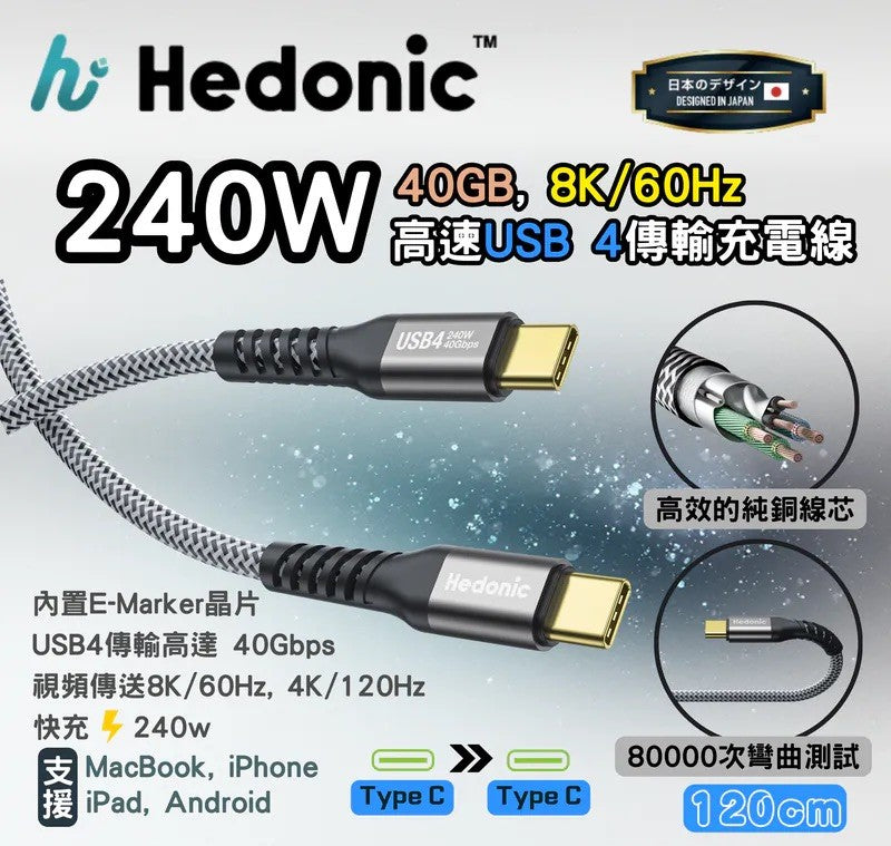 Hedonic 240W Type C to Type C 充電線 傳輸線 120cm / 200cm