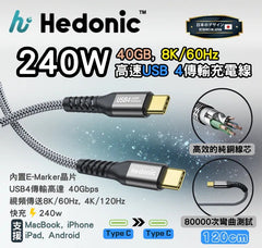 Hedonic 240W Type C to Type C 充電線 傳輸線 120cm / 200cm
