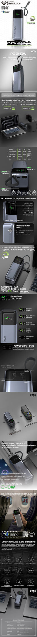 3C認證 | 掃碼追溯 二維碼 | Hyper4 27K | 27000mAh | 240W | 內置 Type C 線 | 流動充電池 | 尿袋 | 充電器 | 支援PD3.1 快充