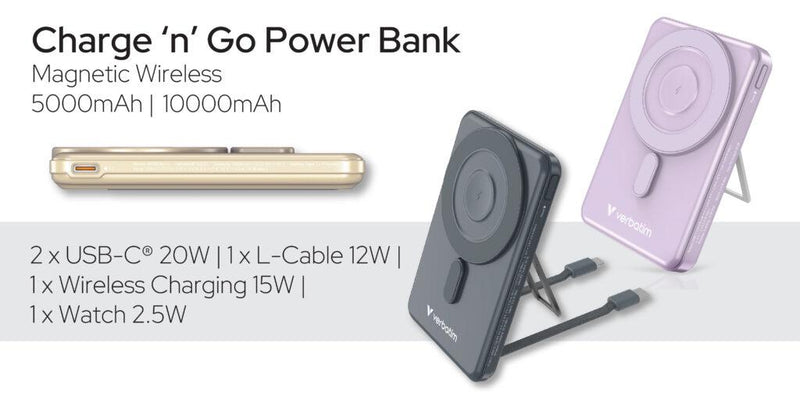 Verbatim Verbatim 5合1 Charge 'n' Go 10000mAh 磁吸無線流動充電池 - 3C (32280黑)(32281紫)