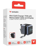 Verbatim | Mini GaN Charger 70W | Display | USB-C cable | fixed UK Plug | 31866