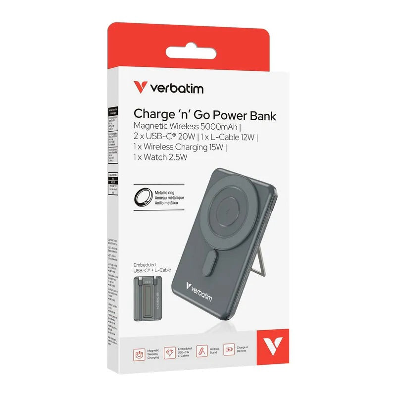 Verbatim Charge 'n' Go Power Bank Magnetic Wireless Charging  5-in-1 Stand (5000Mah)