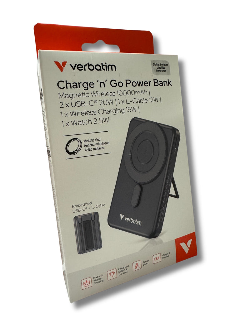 Verbatim Charge 'n' Go Power Bank Magnetic Wireless Charging  5-in-1 Stand (10000mAh)