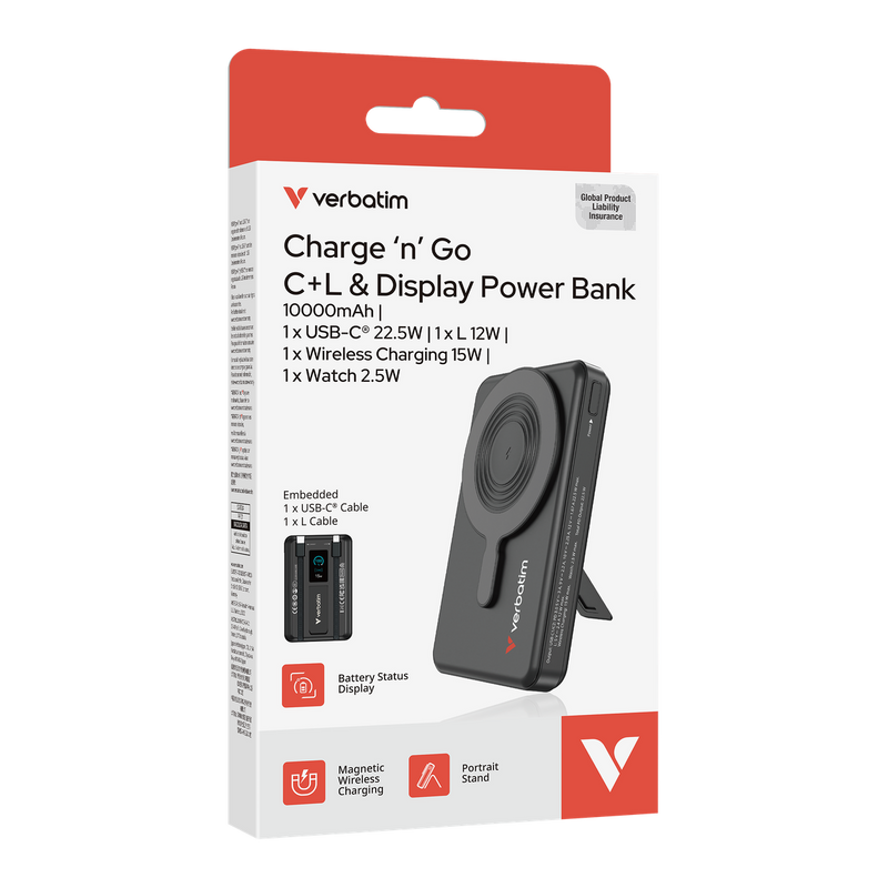 Verbatim Verbatim 5合1 Charge 'n' Go 10000mAh 磁吸無線流動充電池 - 3C (32280黑)(32281紫)