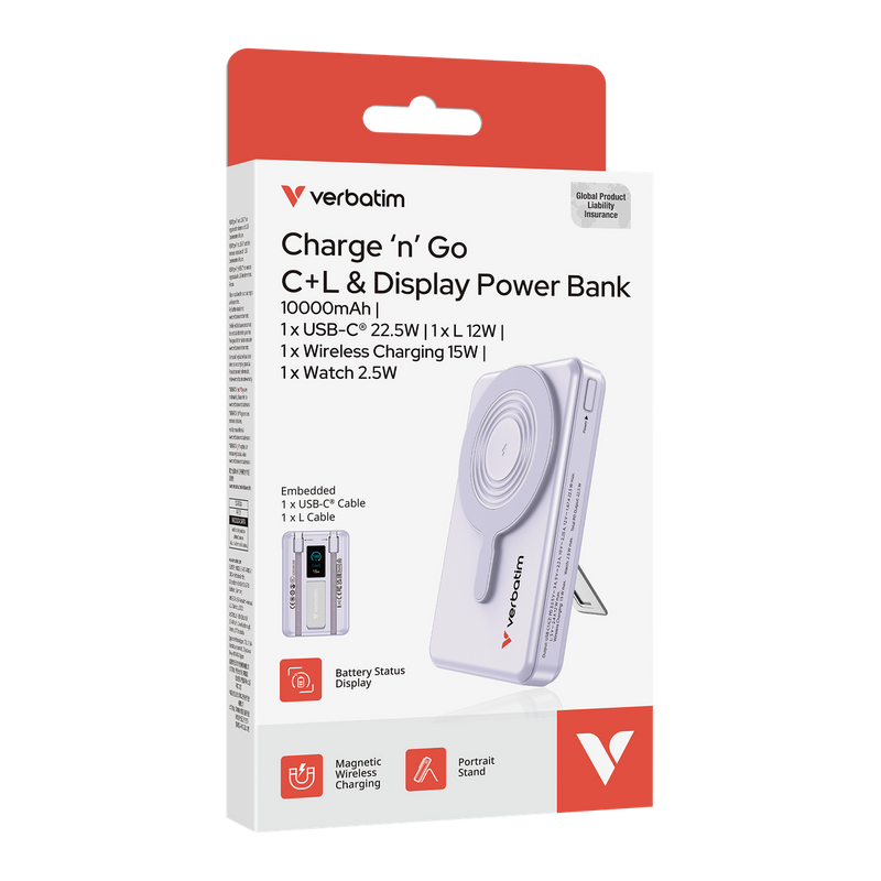Verbatim Verbatim 5合1 Charge 'n' Go 10000mAh 磁吸無線流動充電池 - 3C (32280黑)(32281紫)