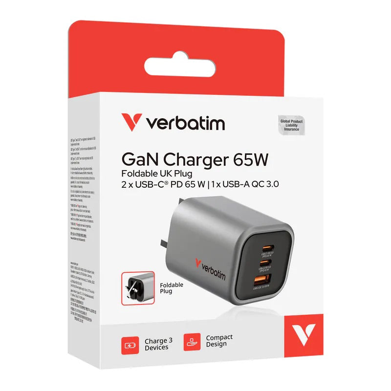 Verbatim GaN Charger 65W Foldable UK plug (Grey) 65W GaN 折疊式充電器 (英規插頭) - 32351