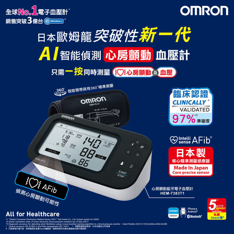 Omron 心房顫動藍牙手臂式血壓計 HEM-7383T1
