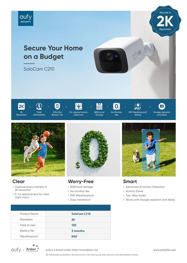 Eufy Security C210 SoloCam Wireless Indoor & Outdoor Camera 無線戶外攝像機 (T8B00)
