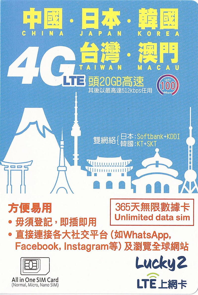 Lucky Sim 4G, 漫遊數據, 中日韓台澳, 365日 無限數據