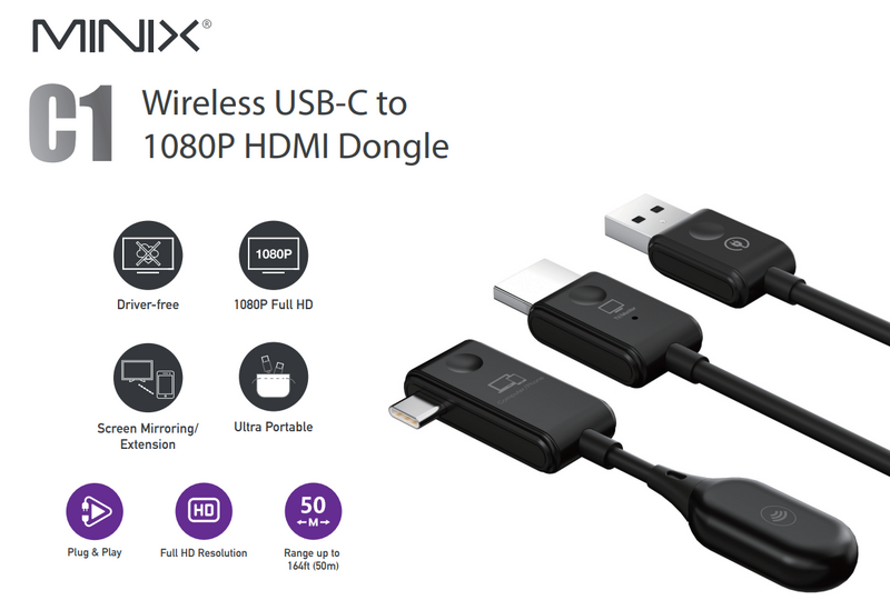 Minix C1 Wireless USB-C to 1080P HDMI Dongle Type-C 設備無線鏡像投屏至HDMI畫面