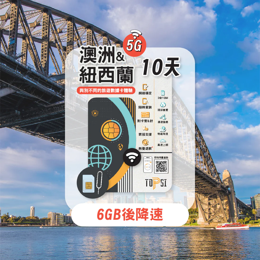 TOPSI 5G 澳洲 & 紐西蘭 當地極速 無限數據