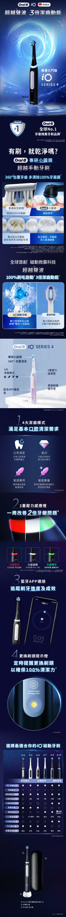 香港行貨 2年保養 | Braun | 百靈 | Oral B | iO4 | 丁香紫 | 旅行盒套裝 | Series 4 |充電式 電動牙刷 | 4種個人化潔齒模式 | 壓力感應 | 微磁感應潔淨