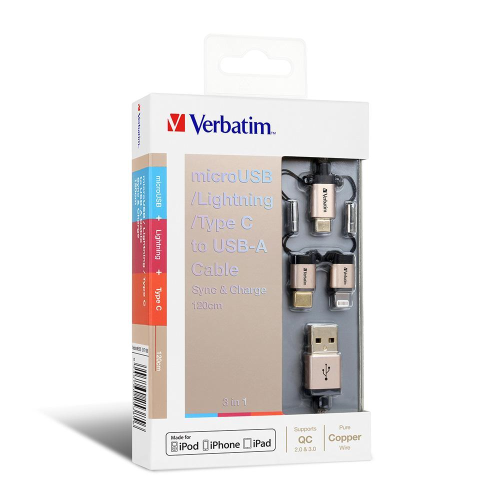 Verbatim MicroUSB, Lightning及Type C to USB-A 3合1充電傳輸線