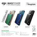 EGO MagPower 12000mAh Magsafe 15W 數顯行動電源全球最薄最細支援15W magsafe 12000mAh 數顯 外置電附送1個MagSafe 磁引環 (黑色) ,可適用於所有無線充電手機。如不夠,可以到官網MagSafe 磁引環 (黑色)加購數字顯示電量LED顯示快充狀況支援magsafe 15W支援 輸出20W PD3.0支援 輸出20W QC3.0 /SCP/VOOC支援 輸入20W PD3.0支援 無線充及輸出PD3.0 同時進行支援 同時輸入 +輸出 (無線充電板)Model: CK106Capacity: 44Wh,12000mAhType-C In&Output : 5V/9V/12V@1.66A (Max.20W)USB-A Output: 5V/9V/12V@1.5A (Max.18W)Wireless Output : 5W/7.5W/10W/15WTotal Output: 20WSize: 113 mm x 70mm x 17mmWeight: 195g。