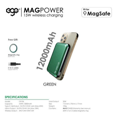 EGO MagPower 12000mAh Magsafe 15W 數顯行動電源全球最薄最細支援15W magsafe 12000mAh 數顯 外置電附送1個MagSafe 磁引環 (黑色) ,可適用於所有無線充電手機。如不夠,可以到官網MagSafe 磁引環 (黑色)加購數字顯示電量LED顯示快充狀況支援magsafe 15W支援 輸出20W PD3.0支援 輸出20W QC3.0 /SCP/VOOC支援 輸入20W PD3.0支援 無線充及輸出PD3.0 同時進行支援 同時輸入 +輸出 (無線充電板)Model: CK106Capacity: 44Wh,12000mAhType-C In&Output : 5V/9V/12V@1.66A (Max.20W)USB-A Output: 5V/9V/12V@1.5A (Max.18W)Wireless Output : 5W/7.5W/10W/15WTotal Output: 20WSize: 113 mm x 70mm x 17mmWeight: 195g。