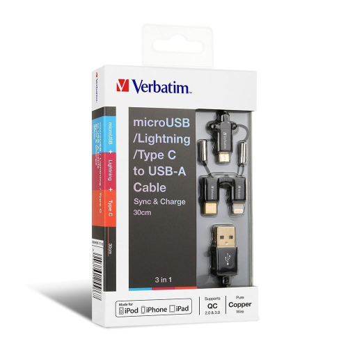 Verbatim MicroUSB, Lightning及Type C to USB-A 3合1充電傳輸線