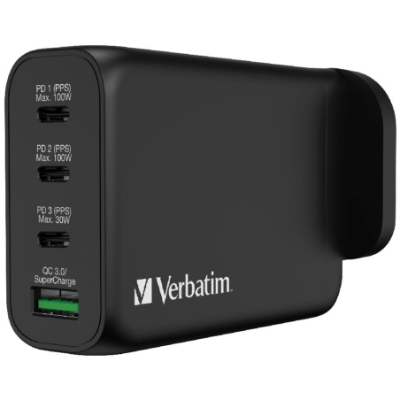 Verbatim 4 Port 130W PD 3.0 & QC 3.0 GaN USB 充電器 黑色 66634