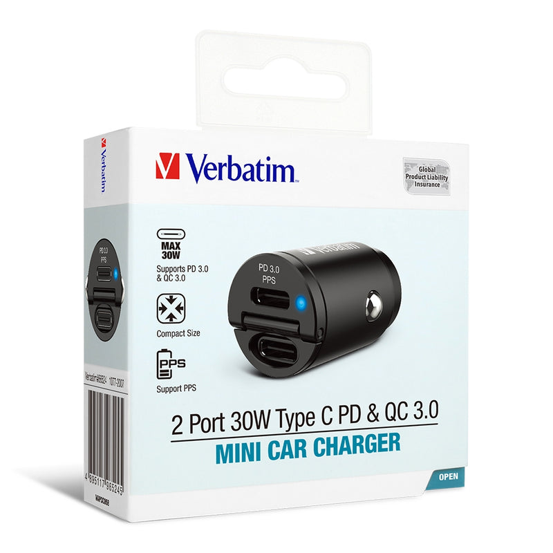 Verbatim 2 Port 30W Type C PD & QC 3.0 迷你汽車充電器 / 66524