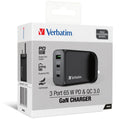 Verbatim 威寶 3 Port 65W PD 3.0 & QC 3.0 GaN 充電器, 採用最新「GaN氮化鎵」技術，體積更小，效率更高. 配備2個Type C PD端口和1個USB-A端口, Type C PD1和PD2端口單獨使用時，可支援高達65W輸出. USB-A QC 3.0/SuperCharge端口單獨使用時可支援最高30W輸出, 可同時為3部設備進行充電. 備有4重安全保護系統.