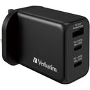 Verbatim 威寶 3 Port 65W PD 3.0 & QC 3.0 GaN 充電器, 採用最新「GaN氮化鎵」技術，體積更小，效率更高. 配備2個Type C PD端口和1個USB-A端口, Type C PD1和PD2端口單獨使用時，可支援高達65W輸出. USB-A QC 3.0/SuperCharge端口單獨使用時可支援最高30W輸出, 可同時為3部設備進行充電. 備有4重安全保護系統.