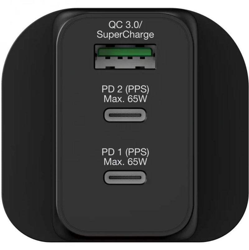 Verbatim 威寶 3 Port 65W PD 3.0 & QC 3.0 GaN 充電器, 採用最新「GaN氮化鎵」技術，體積更小，效率更高. 配備2個Type C PD端口和1個USB-A端口, Type C PD1和PD2端口單獨使用時，可支援高達65W輸出. USB-A QC 3.0/SuperCharge端口單獨使用時可支援最高30W輸出, 可同時為3部設備進行充電. 備有4重安全保護系統.