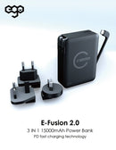 Ego E-Fusion 2 15000mAh 65W PD 三合一無線充 GaN充電器 行動電源。E-fusion 2代! 超強進化！火牛+尿袋+無線充＋轉壓插 自從第一代E-Fsuion熱賣後. 各用家都非常期待既第二代 體積只增加20%，輸出增加360% (18W–>65W)，電量增加223% (6700mAh –> 15000mAh) 採用Gan晶片技術 + 納米石墨稀散熱 所有元件均採用最高級別 充電器本身更自帶USB-C線，同樣支援PD 3.0 65W快充，使用更方便 同樣可支援USB-A的PD 3.0 65W快充 支援 Qi 無線充電，就算沒有帶備充電線，亦可以為手機進行充電。