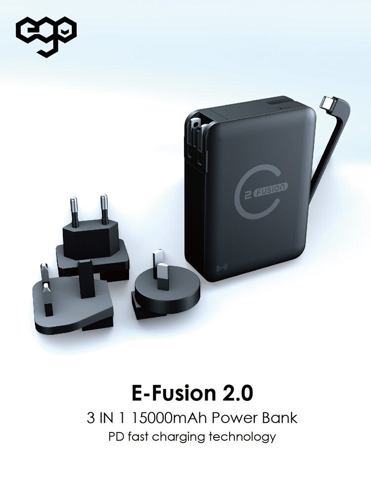 Ego E-Fusion 2 15000mAh 65W PD 三合一無線充 GaN充電器 行動電源。E-fusion 2代! 超強進化！火牛+尿袋+無線充＋轉壓插 自從第一代E-Fsuion熱賣後. 各用家都非常期待既第二代 體積只增加20%，輸出增加360% (18W–>65W)，電量增加223% (6700mAh –> 15000mAh) 採用Gan晶片技術 + 納米石墨稀散熱 所有元件均採用最高級別 充電器本身更自帶USB-C線，同樣支援PD 3.0 65W快充，使用更方便 同樣可支援USB-A的PD 3.0 65W快充 支援 Qi 無線充電，就算沒有帶備充電線，亦可以為手機進行充電。