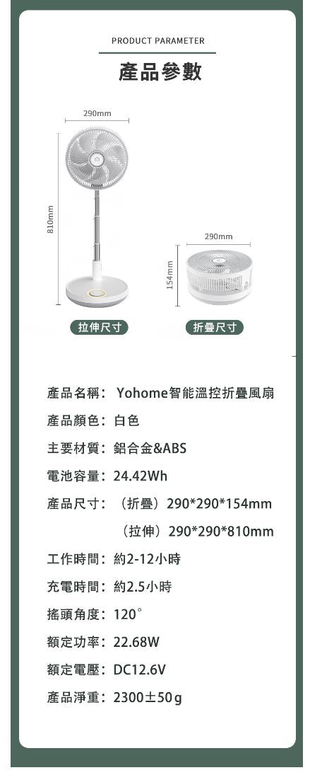 日本 Yohome 12寸 智能溫控驅蚊直流變頻折疊風扇