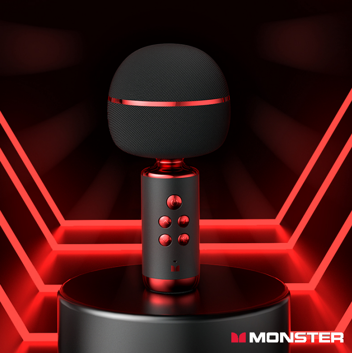 Monster M98 Mini Karaoke Microphone，兼容各種主流APP，集Mic和喇叭於一身。專業K歌神器藍芽喇叭+ 錄音+ 兼容主流APP功能新年拜年禮物聚會遊戲. 使用DSP 數碼音頻處理技術及內置2個 全頻 10W 喇叭，提供強勁的立體聲。6種音效模式，各種風格滿足你的表演。更可一鍵消除人聲、伴奏輕鬆切換及同時兩個連接一齊播放和伴奏。